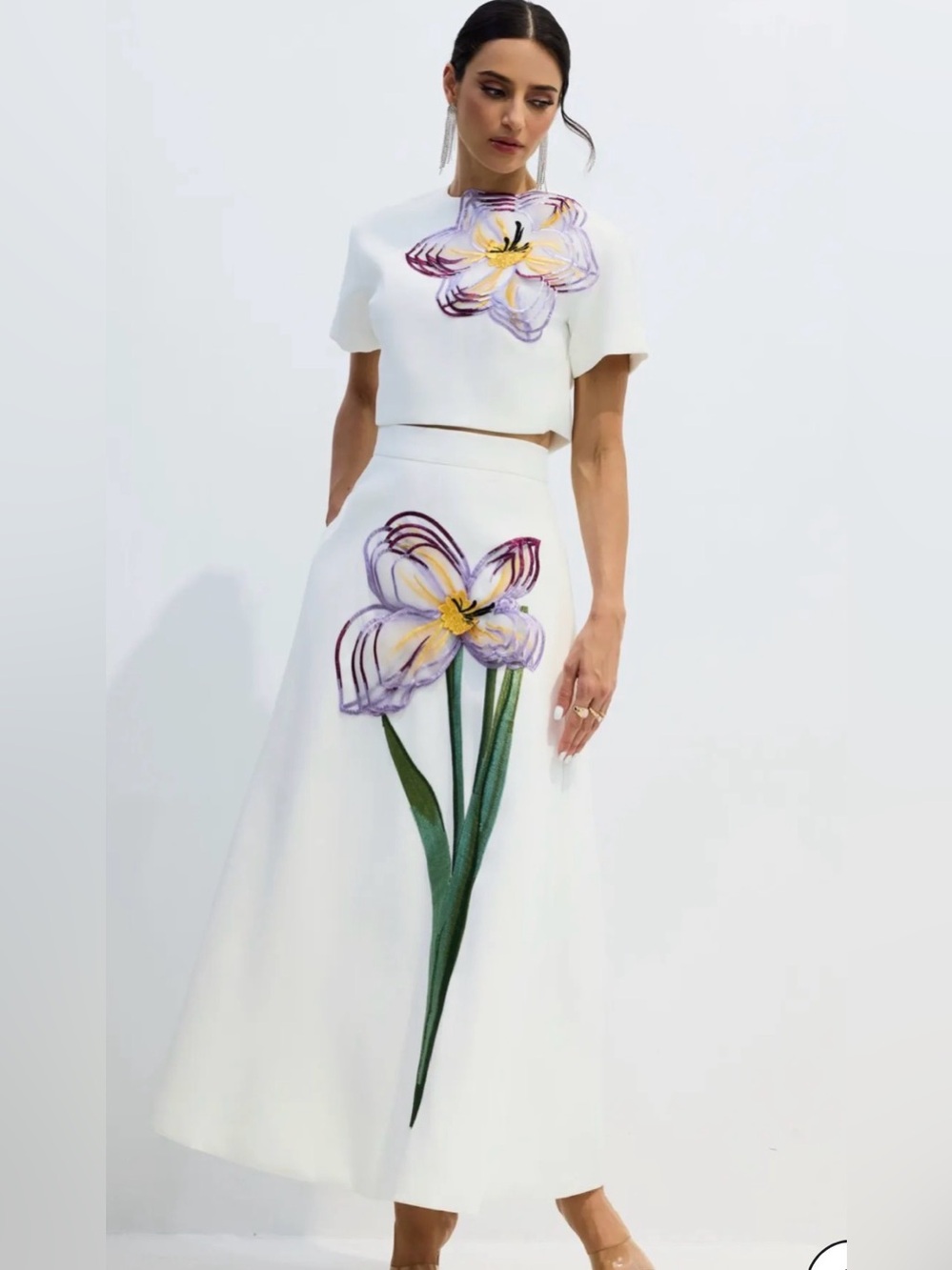 White Floral Appliqué Maxi Dress with Purple Accents